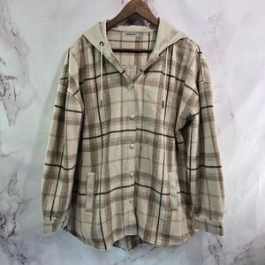 Maniere De Voir Jacket Womens XL Brown Wool Plaid Zip Back Faux Leather Hooded